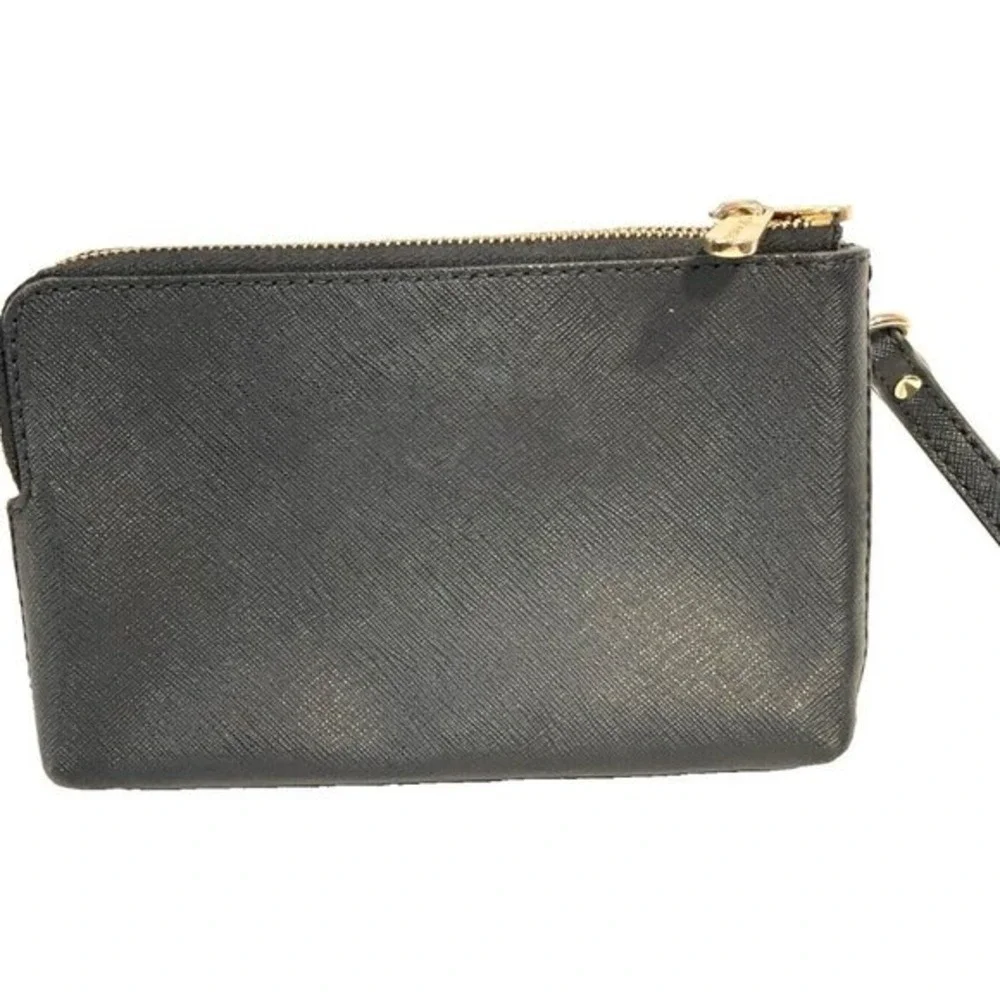 Michael Kors Black Leather Double Zip Wristlet‎ Wallet Clutch Purse Gold Tone